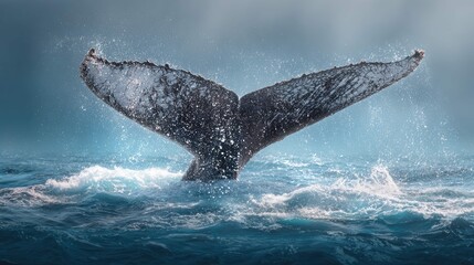 Fototapeta premium a humpback whale leaps out of the ocean, surrounded by water droplets captured mid air, with a backdrop of blue water and sky