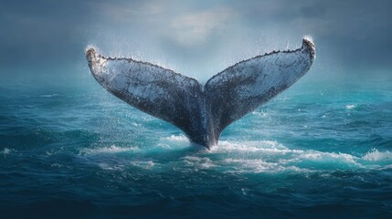 an animated whale in mid air over ocean waves, soaring towards the viewer with its mouth open as if in excitement or perhaps it's a whale leaping out of the water