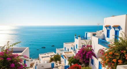 Scenic Coastal Village with White Buildings and Blue Accents Overlooking Blue Sea in Sunny Mediterranean Setting