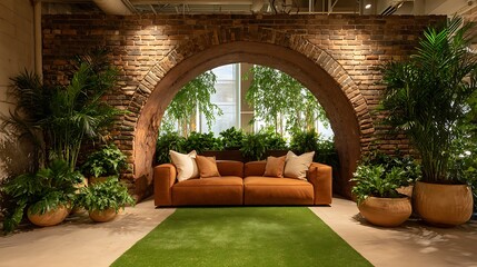 Modern office lounge area with a brick wall, archway, and lush greenery.