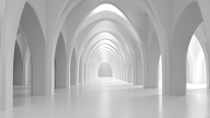 Obraz premium A long, white corridor stretches into the distance, defined by a series of identical, rounded arches supported by sturdy columns. The walls are smooth and white, 