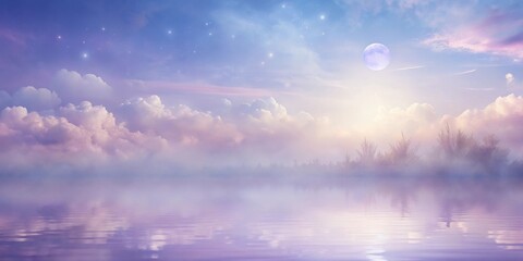 Serene Waterscape Misty Dawn with Full Moon and Starry Sky Reflecting on Calm Water