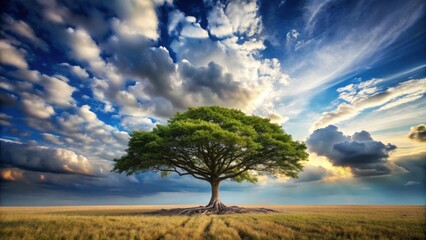 Serene Landscape Featuring a Majestic Solitary Tree Under a Dramatic Sky with Vibrant Clouds