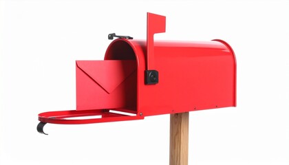 Red mailbox mounted on wooden post with open door and raised flag, revealing a red envelope inside&mdash;symbolizing mail delivery, communication, and the anticipation of sending or receiving messages.
