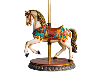 Close-up of a plastic horse of a carousel horses or merry-go-round isolated on white background. Italy, Europe.