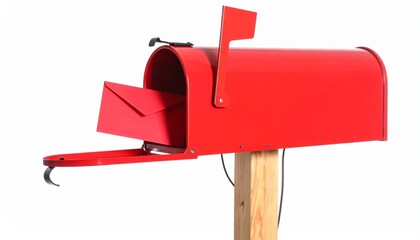 Red mailbox mounted on wooden post with open door and raised flag, revealing a red envelope inside&mdash;symbolizing mail delivery, communication, and the anticipation of sending or receiving messages.