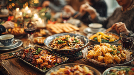 Obraz premium asian family big dinner table eating together festive holiday meal celebration christmas thanksgiving new year chinese tradition culture gathering happiness and family love