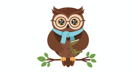 Fototapeta premium Cartoon owl with glasses and scarf holding a book on a branch