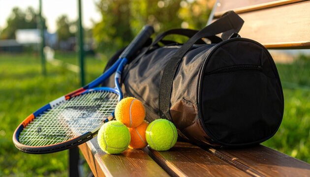 Tennis gear setup on wooden bench outdoors with black sports bag, two rackets, and four yellow-orange balls—evoking preparation, recreation, and the spirit of outdoor athletic play. - Powered by Adobe