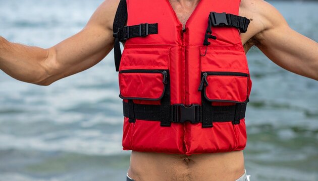 Red life jacket with black straps and pockets hangs on a wooden post near a lake, framed by autumn trees—symbolizing water safety, outdoor recreation, and seasonal adventure.