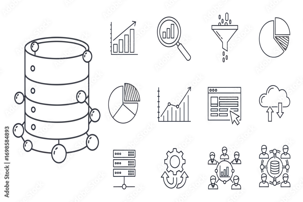 Poster data analysis and database icons including servers charts and cloud computing vector illustration