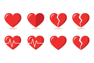 Collection of Red Hearts and Broken Hearts with Heartbeat Line Icons on White Background Keywords: heart, red, love, broken, broken heart, heartbreak, symbol, icon, cardiology