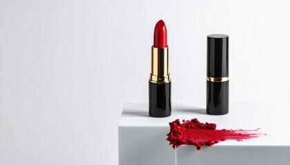 Two red lipsticks on white surface&mdash;one open, one closed&mdash;beside a vivid smear of red, with sleek black and gold packaging, showcasing luxury, color intensity, and cosmetic artistry.