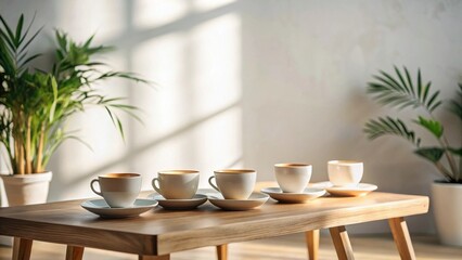 Sunlight Illuminates a Wooden Table with Four Cups of Coffee and Lush Greenery