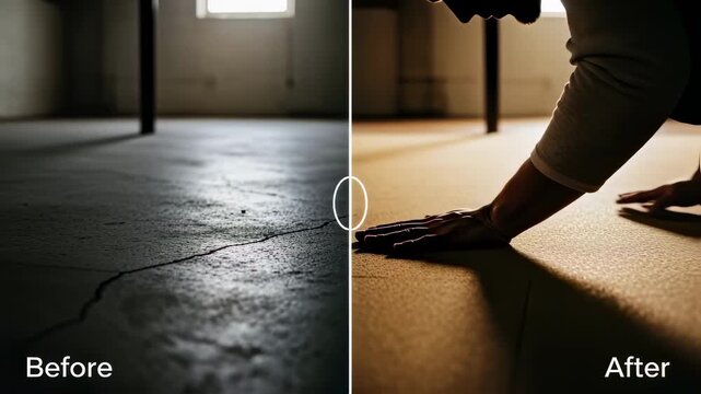 Comparison splitscreen footage showing before and after effects of installing cork floating floor in a basement highlighting aesthetic upgrade and comfort.