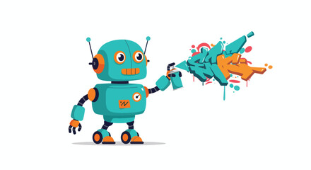 Robot spraying graffiti on a white background