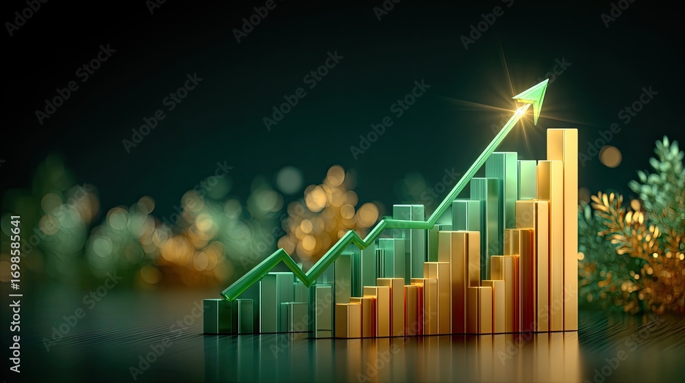 Aufkleber abstract financial dashboard with multiple glowing charts and graphs, focus on a prominent green upw