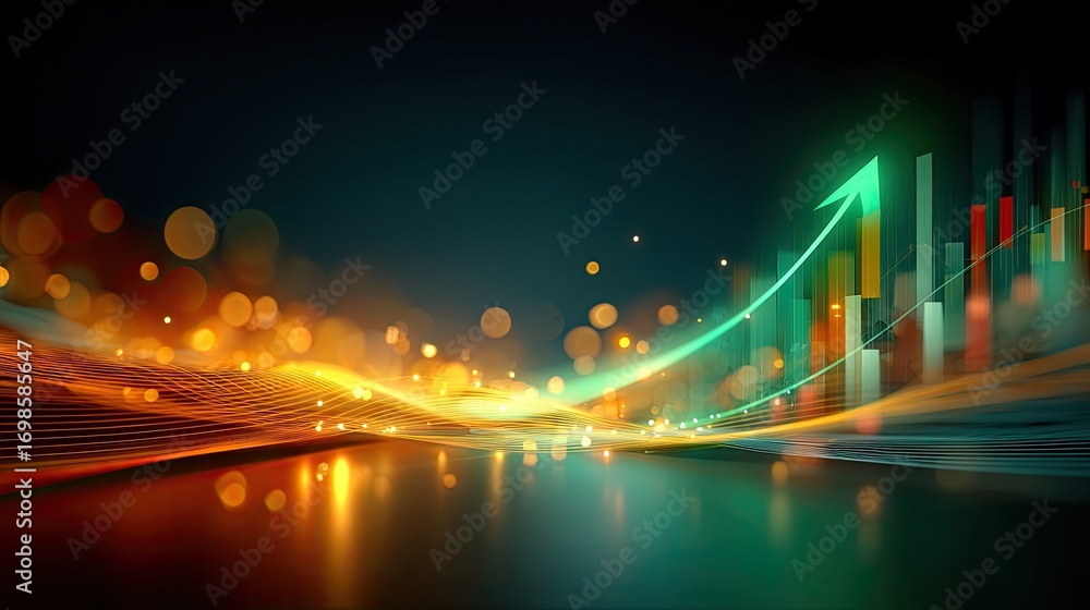Poster abstract financial dashboard with multiple glowing charts and graphs, focus on a prominent green upw