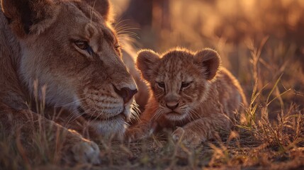 in this serene image, two majestic lions are the focal point, situated in their natural habitat of a grassy field dotted with trees