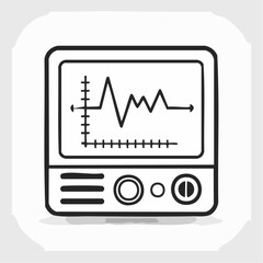 Black and white line art icon of a medical heart monitor displaying an electrocardiogram pulse wave, representing health diagnostics and vital signs