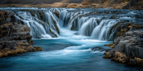 Obraz premium A powerful waterfall cascades over dark, rocky cliffs into a turquoise river. The water flows with incredible speed and force, creating a dynamic and visually stunning scene. 