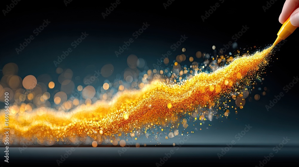 Aufkleber close-up of a hand drawing an exponential growth curve with golden marker on blackboard, sparkling p