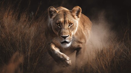 Naklejka premium a majestic lion in mid stride through tall grass, captured with a focus on motion blur that highlights its movement through the landscape