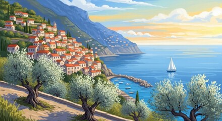 Scenic Coastal Village with Olive Trees and Sailboat Under Sunset Sky