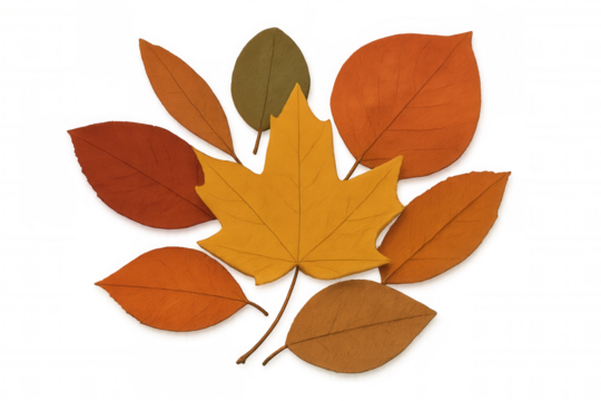 Autumn foliage falling, blending warm orange, red, yellow hues against transparent backdrop, capturing seasonal color transition