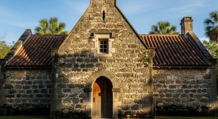 Historic Stone Chapel with Red Tiled Roof Surrounded by Palm Trees Under Blue Sky