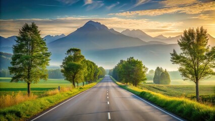 Serene Sunrise A Scenic Asphalt Road Winding Through Lush Green Fields Towards Majestic Mountains Bathed in Golden Light