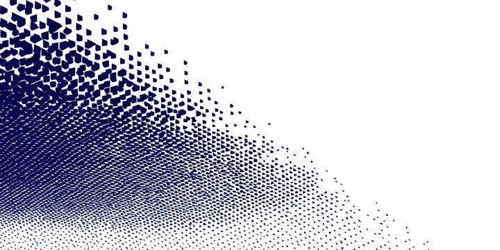A dynamic, abstract image depicts a fragmented, swirling pattern of dark blue and white dots transitioning from a solid black base to a bright white background. 