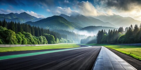 Serene Mountain Race Track A Winding Asphalt Path Through Verdant Forests and Misty Peaks