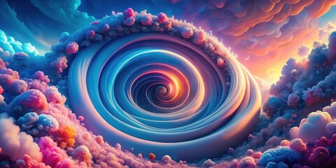 A mesmerizing spiral vortex descends into a vibrant dreamscape, encircled by fluffy, pastel clouds and crystalline formations, a breathtaking scene of ethereal beauty and celestial wonder.