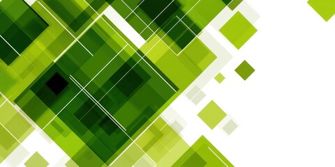 A dynamic abstract background features a complex arrangement of overlapping green and white geometric shapes. Rectangular blocks of varying sizes and shades of green ?