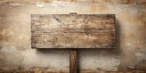 Rustic Wooden Sign Against Weathered Wall, Perfect for Vintage Designs and Rustic Backgrounds