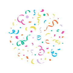 Colorful confetti background. Circle from falling confetti. Ribbons streamers explosion. Party carnival Design element. Flat style. Birthday, anniversary, baby shower invitation