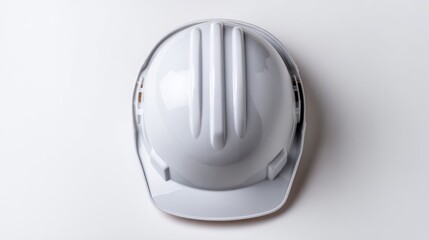 A white construction helmet rests squarely on a white surface, photographed from a directly overhead perspective. The helmet?s design features a contoured shell with vertical ventilation slots. 