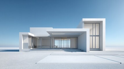 A minimalist, modern house stands prominently against a clear, bright blue sky. The house features a predominantly white, geometric design with large, 