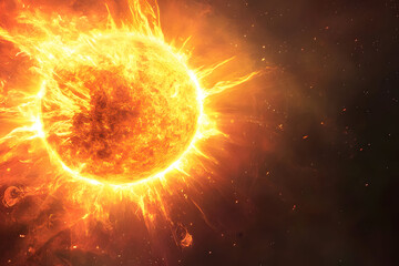 Fiery sun in space: scientific illustration of stellar phenomena and solar activity