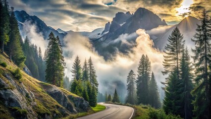 Serene mountain road winding through a misty evergreen forest at sunrise, majestic peaks in the background