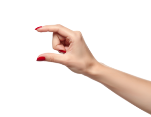 A hand using two fingers to hold and measure an invisible, small object. The gesture is isolated on a white background, with a focus on the elegant red polish of the nails.