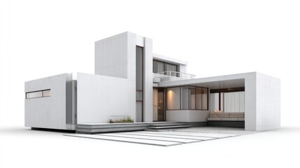 A sleek, modern architectural rendering depicts a minimalist, white concrete house set against a stark white background. The house features a geometric design with sharp angles and clean lines.