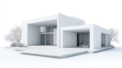 A minimalist, white-rendered architectural model depicts a modern, single-story house. The house features a clean, geometric design with large glass windows and a cantilevered roof. A small, 
