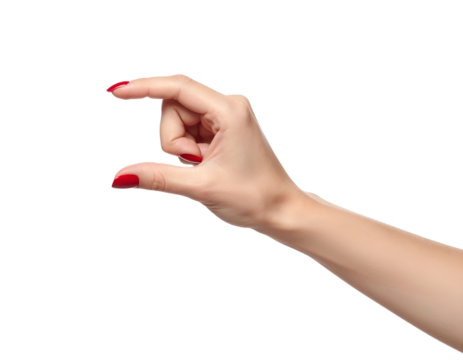 A hand using two fingers to hold and measure an invisible, small object. The gesture is isolated on a white background, with a focus on the elegant red polish of the nails.