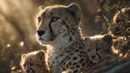 Fototapeta premium a tender moment in the wilderness between an adult cheetah and its cubs. the mother cheetah stands attentively over her two young ones, nestled in the brush