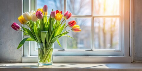 A vibrant bouquet of spring tulips in a clear glass vase sits on a sunlit windowsill, bathed in the warm glow of the morning sun.