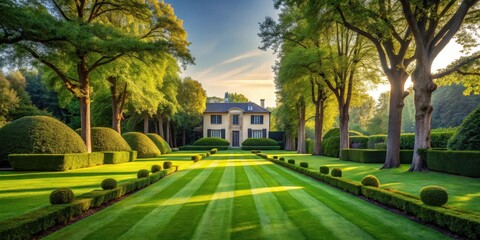 Serene Estate Home with Perfectly Manicured Lawns and Lush Green Landscaping at Sunrise