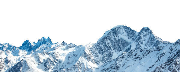 Mountains range with peaks in snow, winter mountains panorama in PNG isolated on transparent background