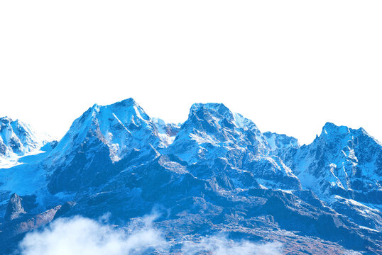 Mountains range with peaks in snow, winter mountains panorama in PNG isolated on transparent background